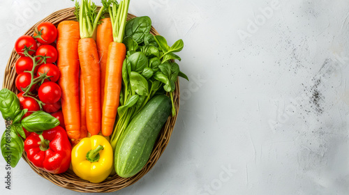 free space on the left corner for title banner with a basket of vegetables on white background