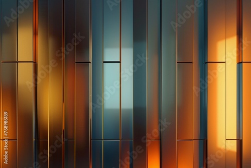 Abstract background with vertical metal panels in golden and blue tones with light reflections