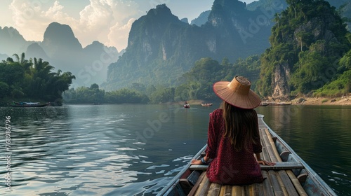 Adventurous woman exploring mysterious waters on boat in southeast asia, journeying through intriguing scenery and cultural marvels