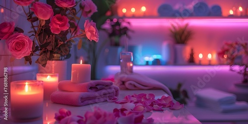 Romantic spa salon with pink lighting candles roses and aromatherapy creating a cozy and relaxing atmosphere. Concept Spa Atmosphere  Romance  Pink Lighting  Aromatherapy  Cozy Environment