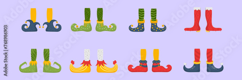 Collection of cute elves legs, boots, socks. Santa helpers shoes and pants with gifts, presents. Christmas gnome bundle. Vector. Christmas elf feet and legs set, decoration for celebration.