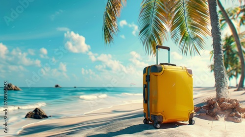 Vibrant yellow suitcase resting beneath a majestic palm tree on a sun-kissed beach - tranquil travel background in 3d rendering