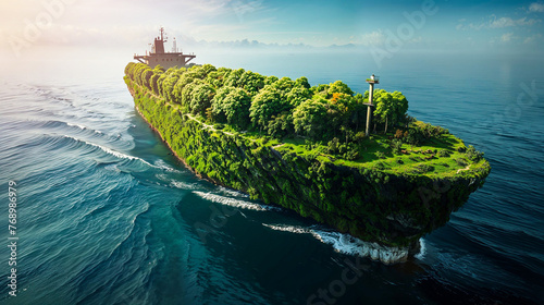 Imaginative visual art merging a cargo ship and a lush green island, sailing across calm ocean waters