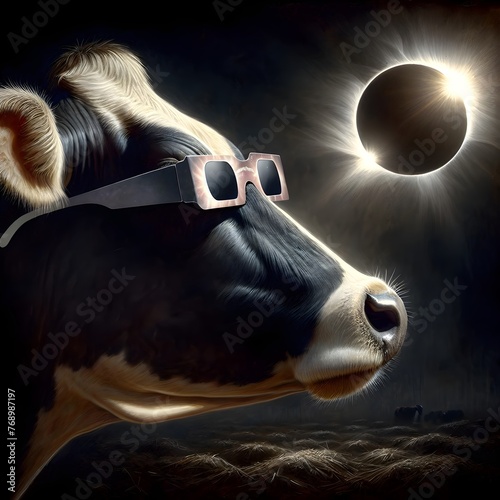 Cow gazing at a total solar eclipse wearing protective dark glasses
