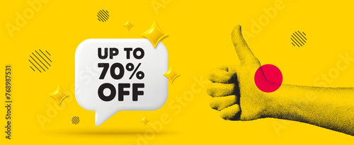 Hand showing thumb up like sign. Up to 70 percent off sale. Discount offer price sign. Special offer symbol. Save 70 percentages. Discount tag chat box 3d message. Grain dots hand. Vector