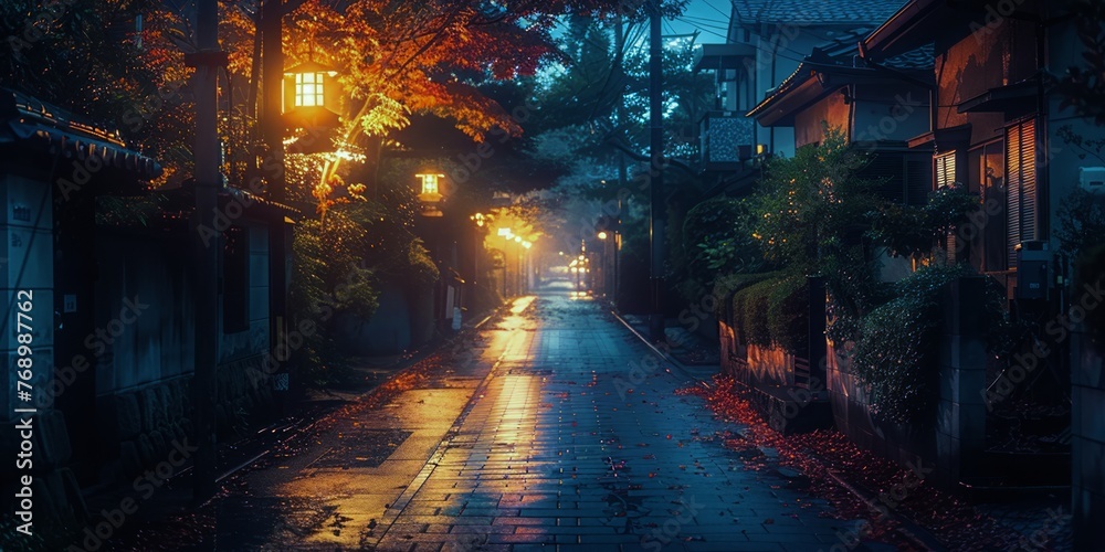 Evening glow along a quiet residential street with autumn leaves