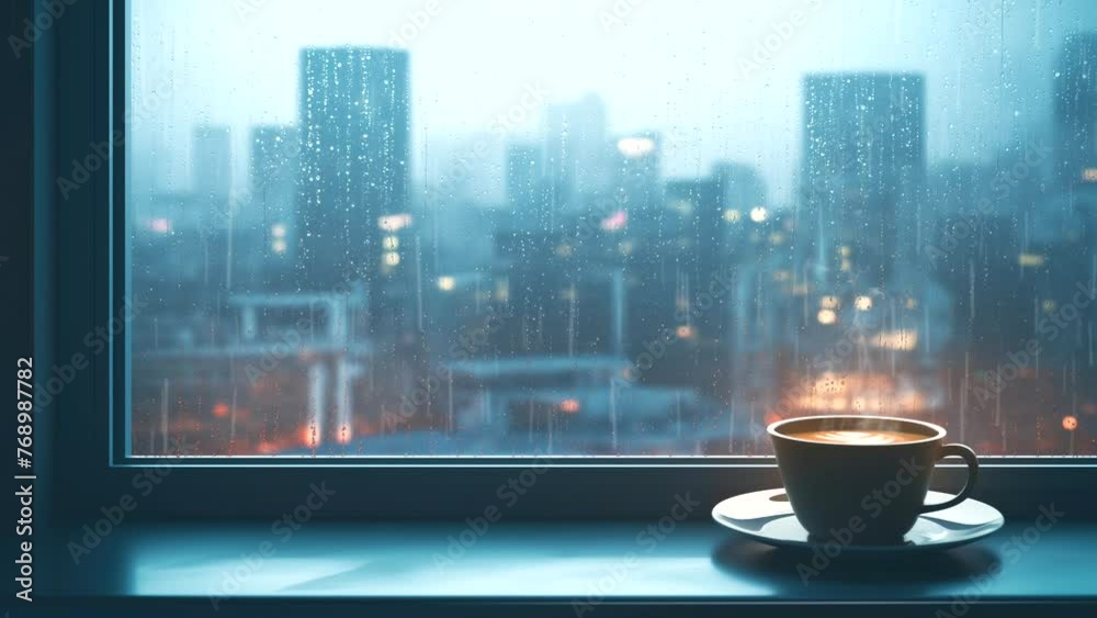 A warm cup of coffee in the window with a soothing rainy vibes. seamless looping 4k time-lapse animation video background