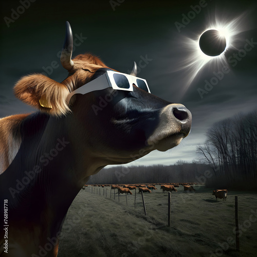 A cow with sunglasses stands in the foreground, gazing up at a solar eclipse in a dramatic sky with a herd of cattle in a farm field
