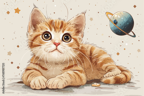 Curious Cat Illustration Observing Space