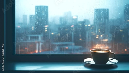 A warm cup of coffee in the window with a soothing rainy vibes. seamless looping 4k time-lapse animation video background photo