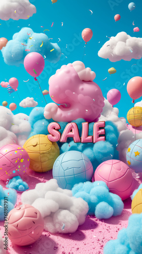 banner with The word "SALE" in 3d, percentages flying nearby