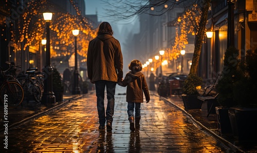 Man and Child Walking Down Night Street