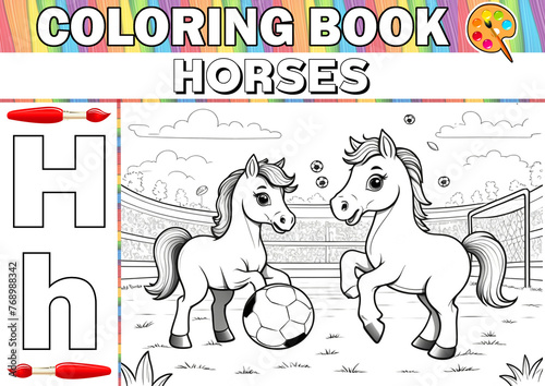 Colouring Book Page Horses playing Football illustration