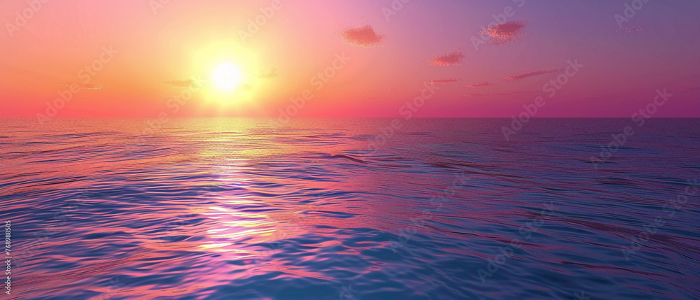 A tranquil ocean scene with the sun setting in the distance, casting a splendid gradient of colors across the water, captured in high-definition to emphasize its mesmerizing vibrancy.