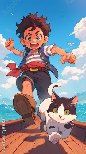 a boy and a cat are running on a boat. The boy is wearing a pirate outfit. AI Generated   © MDRAHMAT