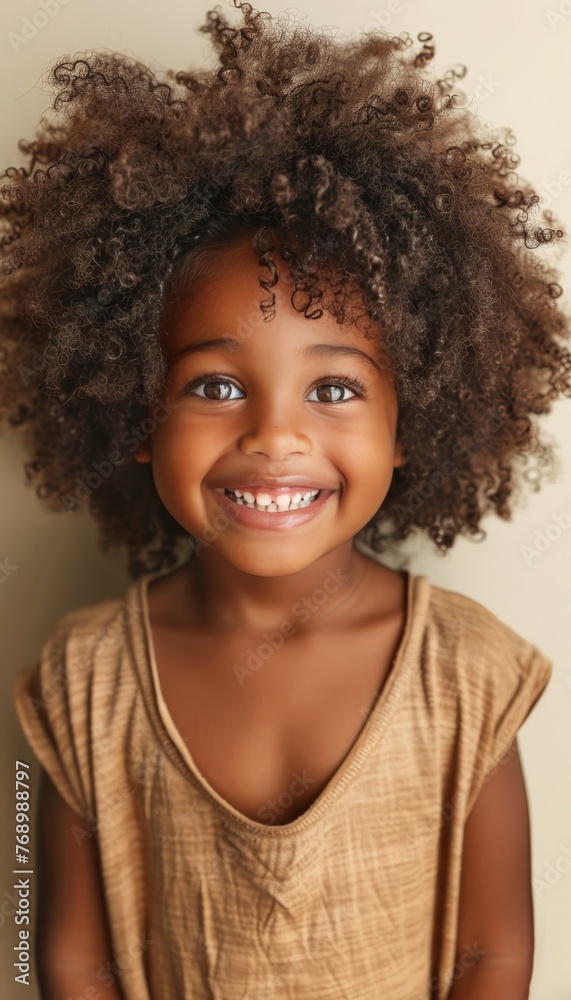 Happy curly haired child smiling and making eye contact with camera for a charming portrait Happy curly haired child smiling and making eye contact with camera for a charming portrait