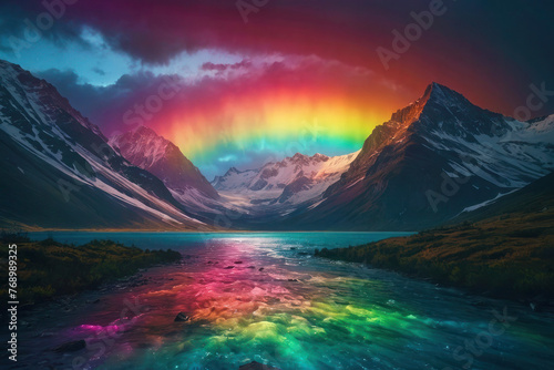 Fantastic magical landscape  mountains and rainbow reflected in a mountain lake. Northern lights  stars and snowy peaks  neon glare.