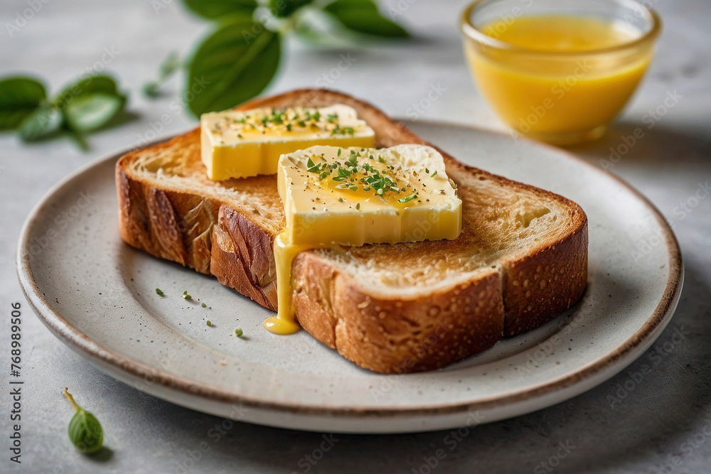 An image of crispy delicious toast with a piece of butter and herbs on a plate. Breakfast advertising photo template. An image of crispy delicious toast with a piece of butter and herbs on a plate. Breakfast advertising photo template.