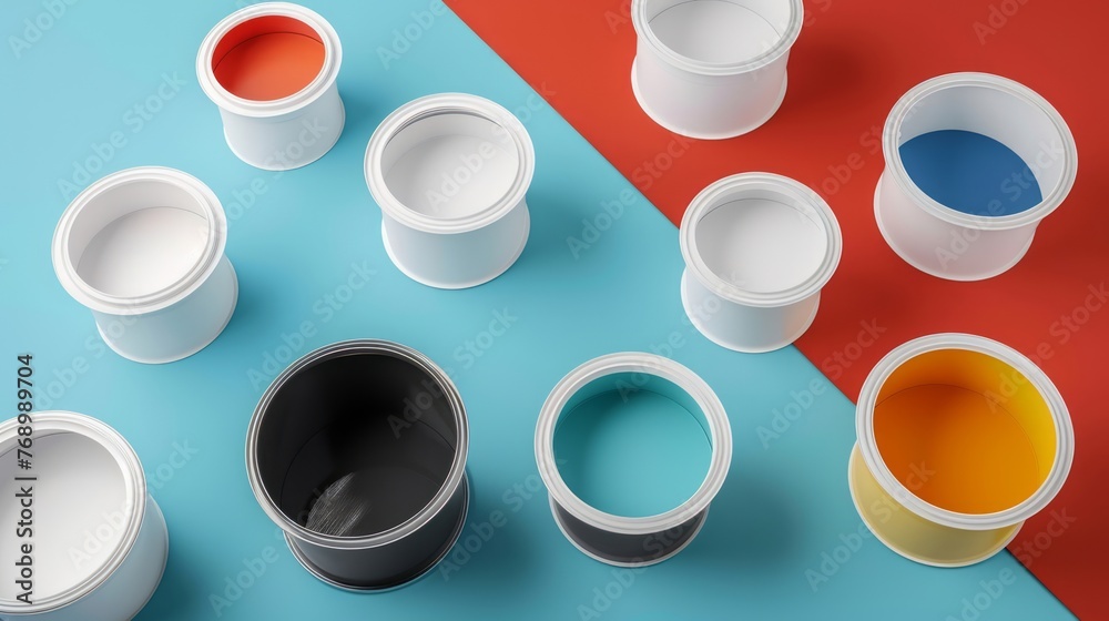 Cans of paint during home renovation, process of choosing paint for walls, color charts on background. Cans of paint during home renovation, process of choosing paint for walls, color charts on background.