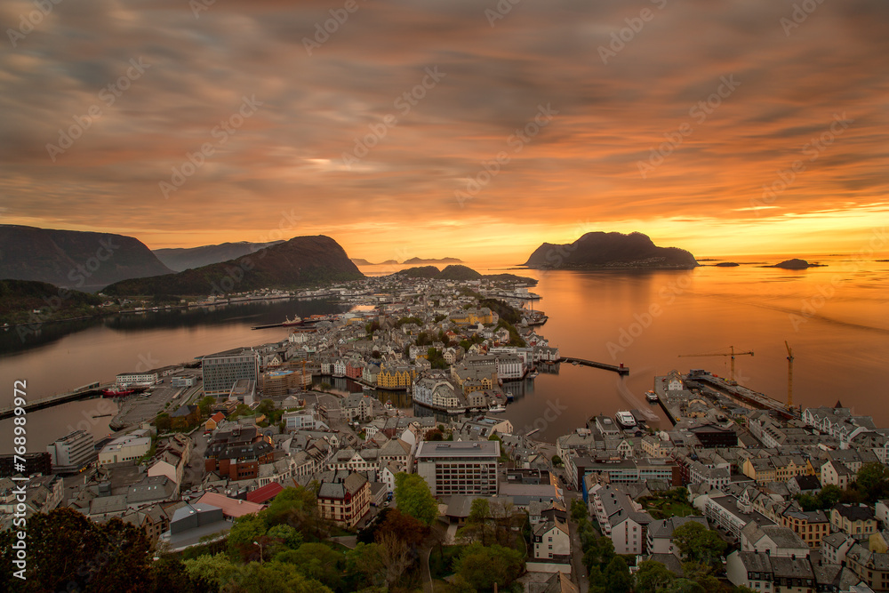 Amazing Natural Bright Dramatic Sky In Warm Colours Above Alesund Valderoya And Islands In Sunset Time. Alesund, Norway.