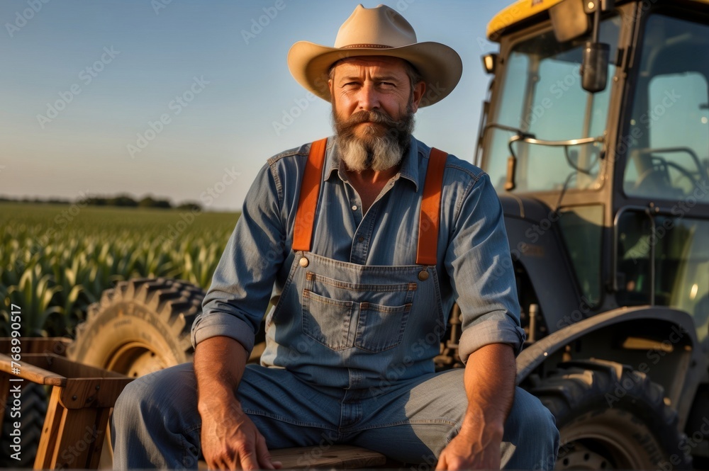 portrait of farmer next to a tractor with hat and field clothes in rural environment and outdoor work