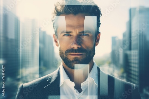 The double exposure image of the business man standing back during overlay with cityscape. Generative AI. photo