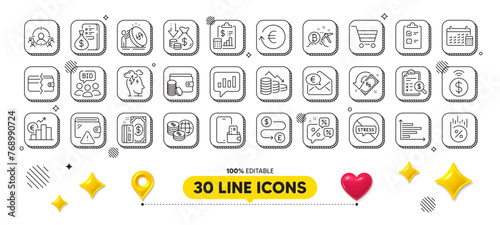 Report, Payment method and Payment line icons pack. 3d design elements. Business targeting, Checklist, Analytical chat web icon. Bitcoin mining, Calendar, Loan percent pictogram. Vector