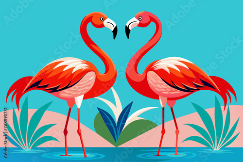 A couple of bright red flamingo birds