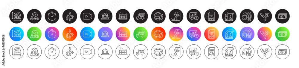 Voicemail, Teamwork and Video camera line icons. Round icon gradient buttons. Pack of Accounting, Timer, Court building icon. Painter, Approved document, House dimension pictogram. Vector Voicemail, Teamwork and Video camera line icons. Round icon gradient buttons. Pack of Accounting, Timer, Court building icon. Painter, Approved document, House dimension pictogram. Vector
