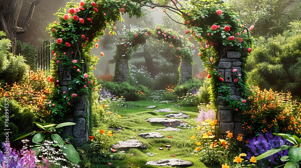 Blossoming Garden Arch, Pathway Framed by Florals and Greens, A Dreamy Entrance to Natures Charm