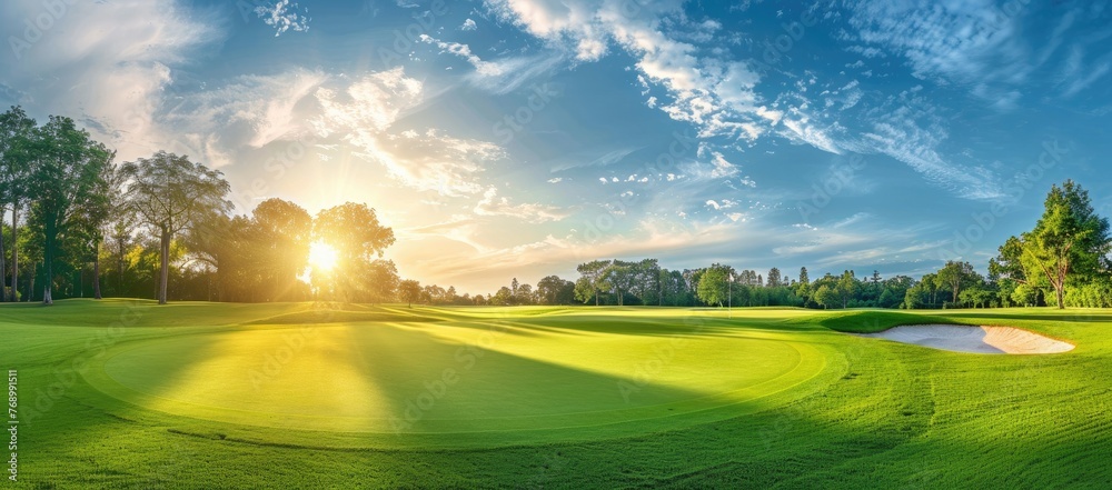 Green grass and woods on a golf field - obrazy, fototapety, plakaty 
