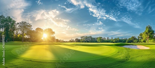 Green grass and woods on a golf field photo