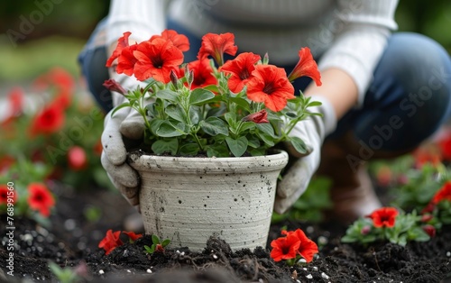 Person planting red flowers in flowerpot in garden