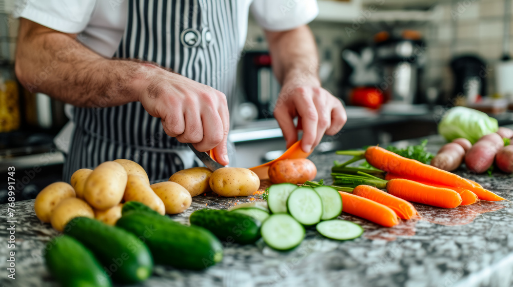 A marble counter where a cook is peeling vegetables, carrots, potatoes, cucumbers, close up on his hands clear bodyline, wide angle - obrazy, fototapety, plakaty 
