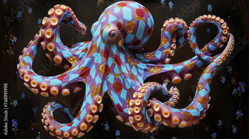 octopus in the art style of bold colors and quilted patterns, whimsical designs, burgandy and blue earthtone colors, Bright Gold foil floral accents, dotted, dadaism, the helsinki school, fashion illu