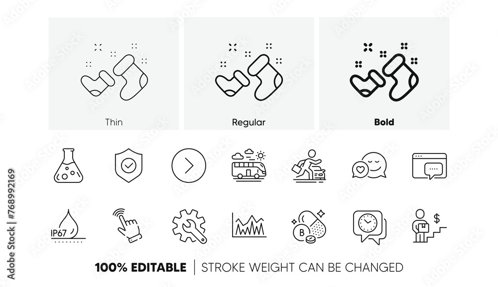 Chemistry lab, Waterproof and Seo message line icons. Pack of Dating, Security shield, Investment icon. Cursor, Delivery man, Forward pictogram. Santa boots, Boron mineral, Car rental. Vector