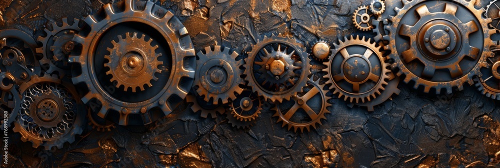 A dynamic, steampunk gear and cog pattern, set against a backdrop of aged brass and copper, symbolizing the technological marvels and machinery created with Generative AI Technology