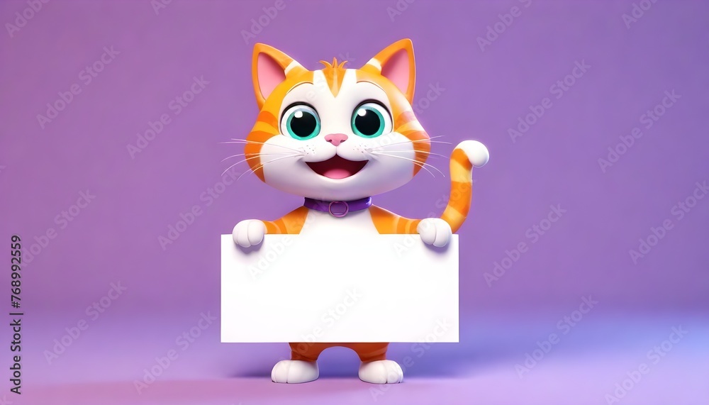 3d cute Cat holding up a blank sign Board, colorful cartoon character with empty banner cartoon monster illustration animal vector