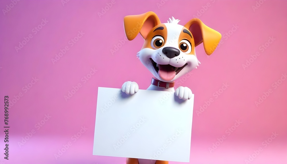 3d cute Dog Puppy holding up a blank sign Board, colorful cartoon character with empty banner cartoon monster illustration animal vector - obrazy, fototapety, plakaty 