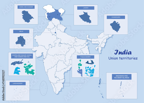India map. States and union territories of India. India political map with capital New Delhi and national borders . Illustration. India Map with Highlighted Union Territories: Geographic Illustration