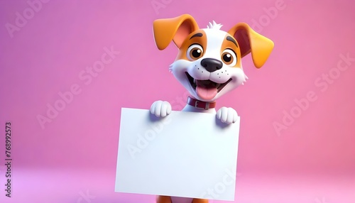 3d cute Dog Puppy holding up a blank sign Board, colorful cartoon character with empty banner cartoon monster illustration animal vector