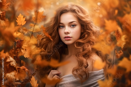 A woman with long hair is surrounded by leaves. © Алла Морозова