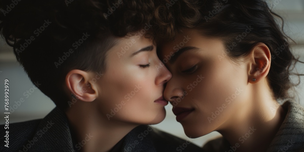 Young lesbian couple touches foreheads to each other closeup. Generative AI. Young lesbian couple touches foreheads to each other closeup. Generative AI.