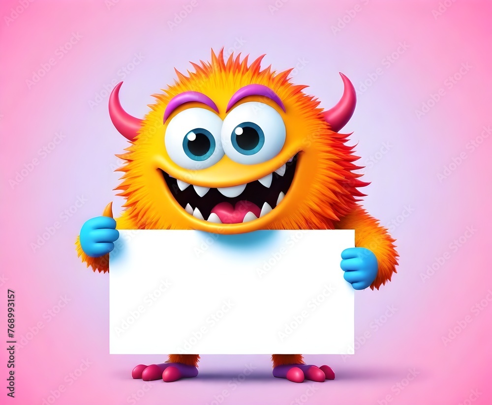 3d cute Monster Animal holding up a blank sign Board, colorful cartoon character with empty banner cartoon monster illustration animal vector
