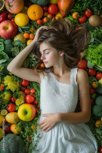 Young woman dressed in a dress lies among vegetables and fruits. Vegetarian food concept. Generative AI.