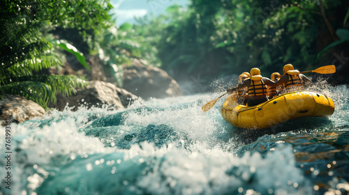 Rafting team navigating through rapid river waters, Spray and foam around the raft