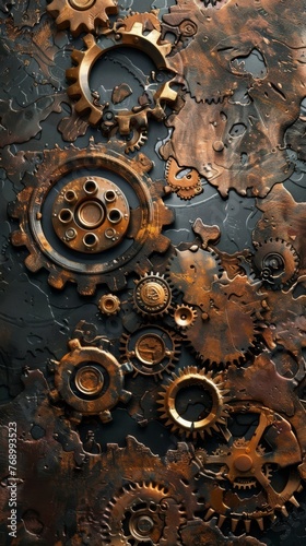 A dynamic, steampunk gear and cog pattern, set against a backdrop of aged brass and copper, symbolizing the technological marvels and machinery created with Generative AI Technology