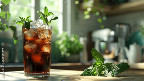 Iced tea with mint on a sunny kitchen counter, beside a modern appliances.