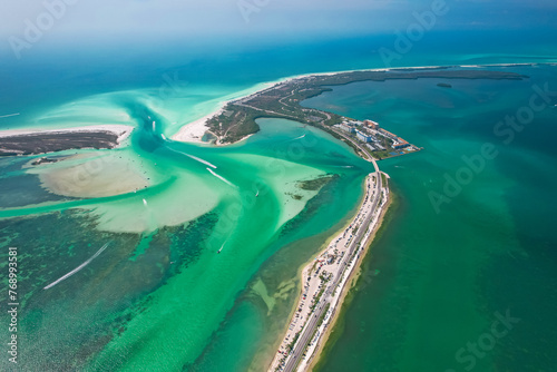 Florida. Beach on Island. Panorama of Honeymoon  Caladesi Island State Park FL. Dunedin Causeway. Summer vacation. Turquoise color of salt water. Ocean  Gulf of Mexico. Tropical Nature. Aerial Aerial