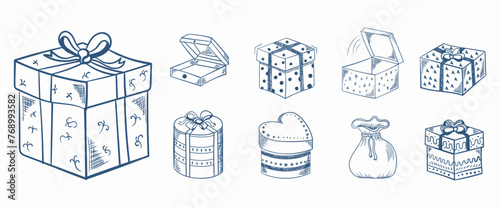 Set of hand drawn sketches of gift box decorated with bows, ribbons and beads. Doodle heap of gift boxes to design greeting cards for New Year, Christmas, birthday. Vector illustration, photo
